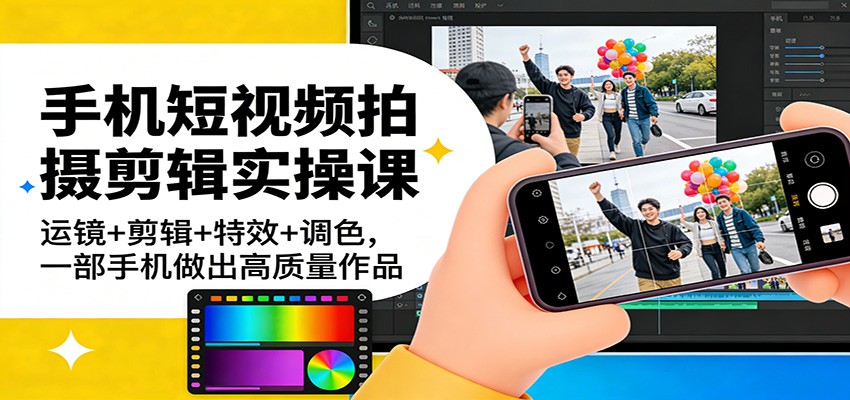 手机短视频拍摄剪辑实操课：运镜+剪辑+特效+调色，一部手机做出高质量作品-中创资源网