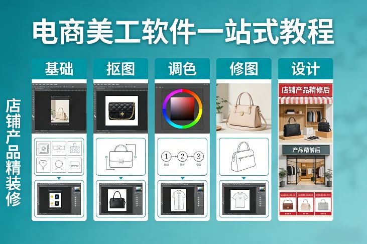 电商美工软件一站式教程，基础/抠图/调色/修图/设计，店铺产品精装修-中创资源网