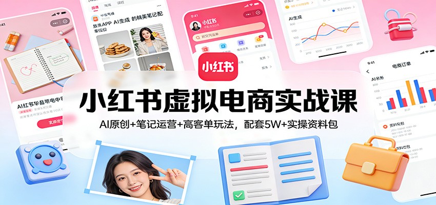 小红书虚拟电商实战课：AI原创+笔记运营+高客单玩法，配套5W+实操资料包-中创资源网