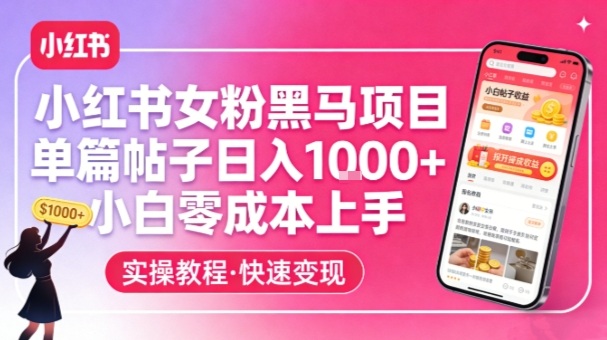 小红书女粉黑马项目，单篇帖子日入1k+，小白零成本上手-中创资源网