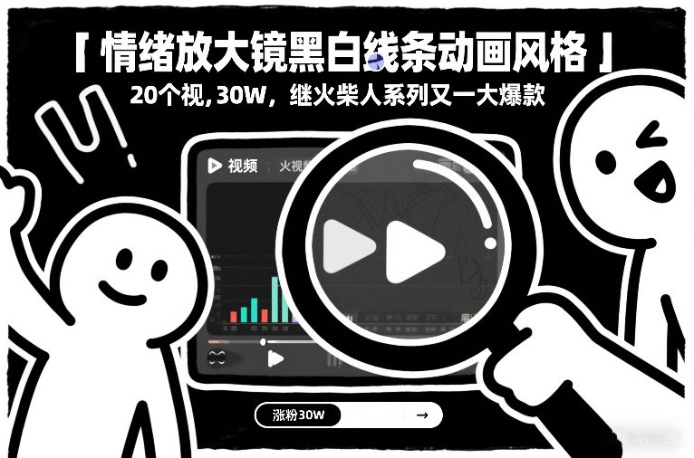 情绪放大镜黑白线条动画风格，20个视频，涨粉30W，继火柴人系列又一大爆款-中创资源网