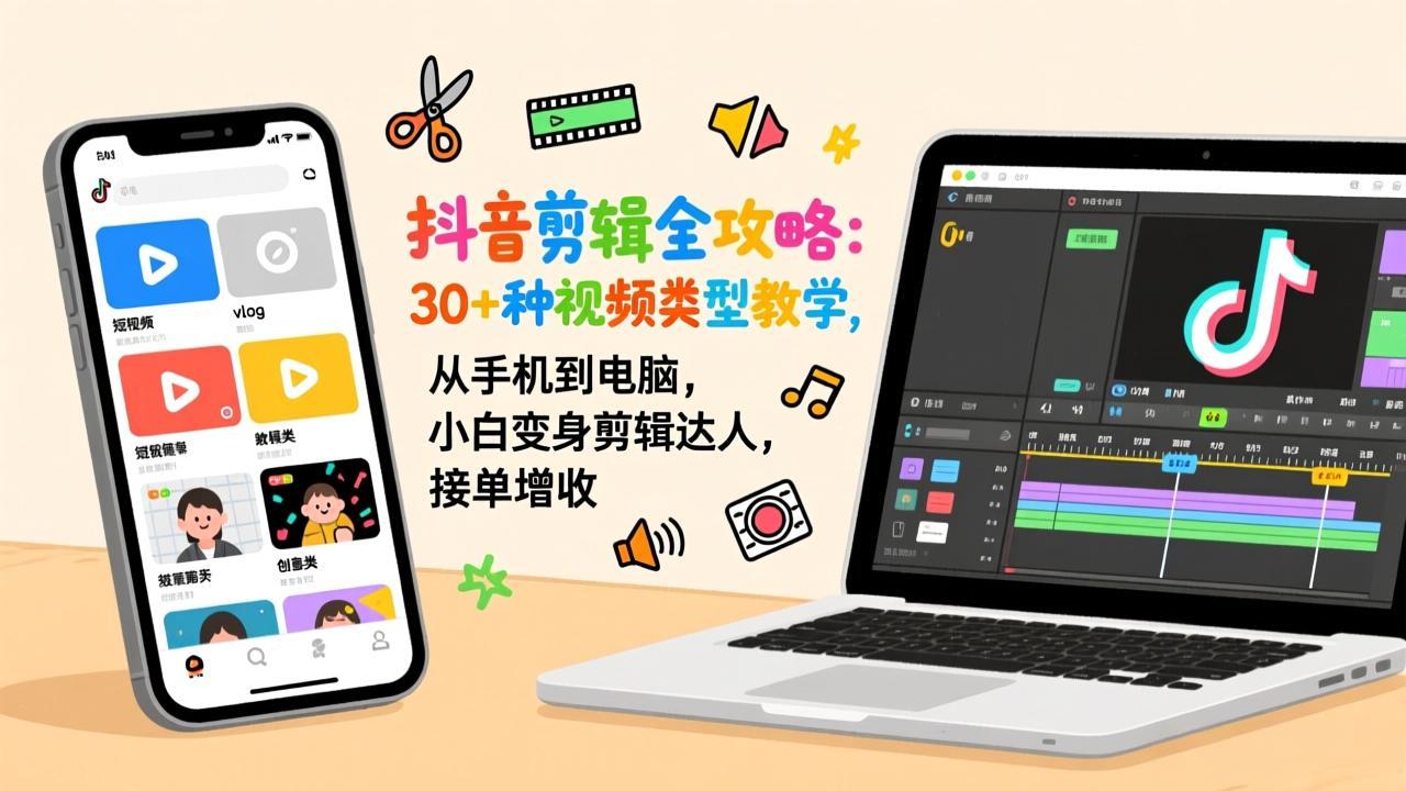 抖音剪辑全攻略：30+种视频类型教学，从手机到电脑，小白变身剪辑达人，接单增收-中创资源网