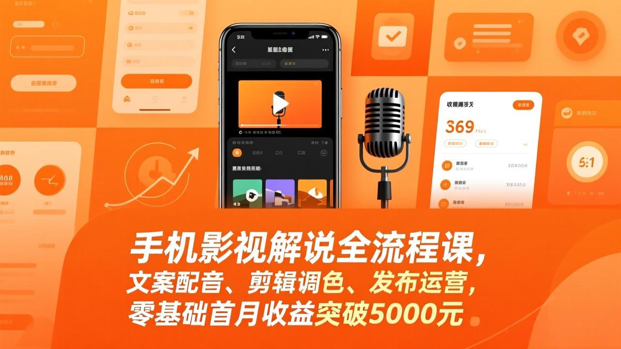手机影视解说全流程课，文案配音、剪辑调色、发布运营，零基础首月收益突破5000元-中创资源网